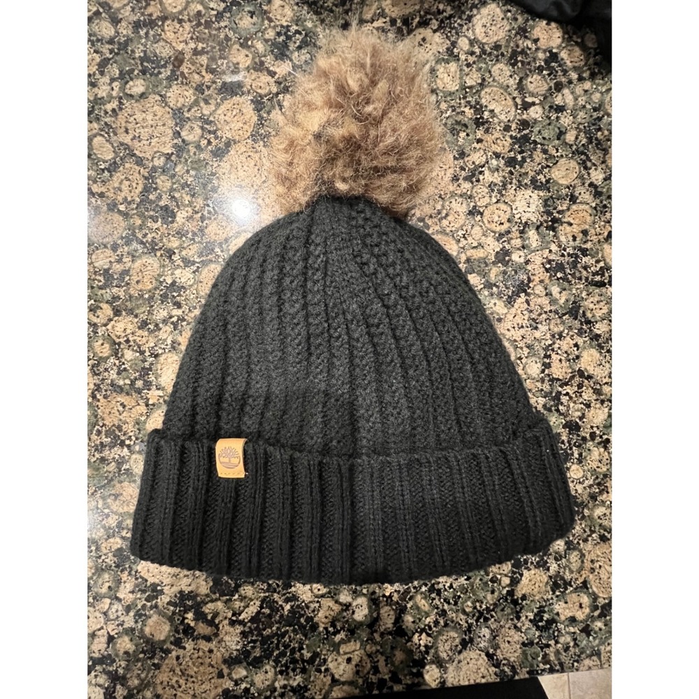 Timberland Black Cable Knit Beanie Faux Fur Pom Fleece Lined Winter Hat OS